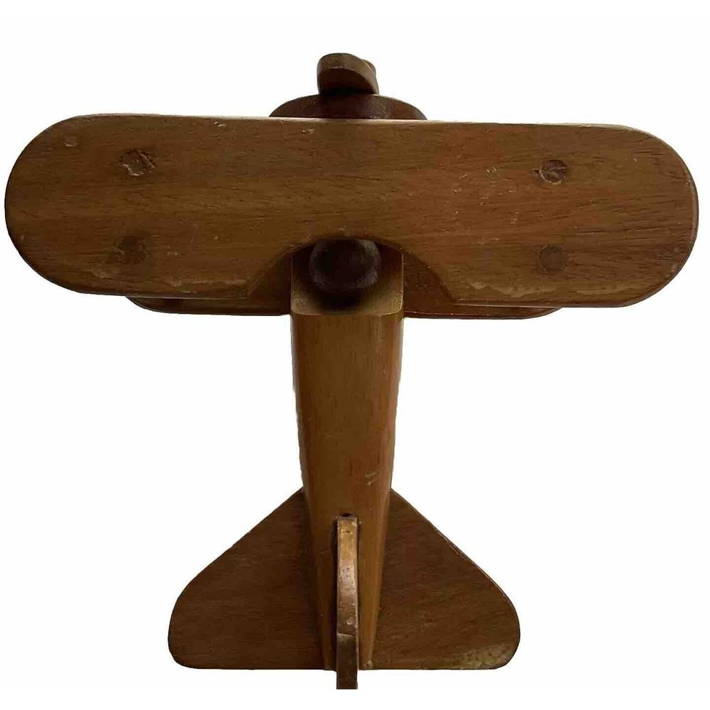 Handmade Wooden Bi-Plane Airplane w pilot. Hard wood, medium stain Vintage